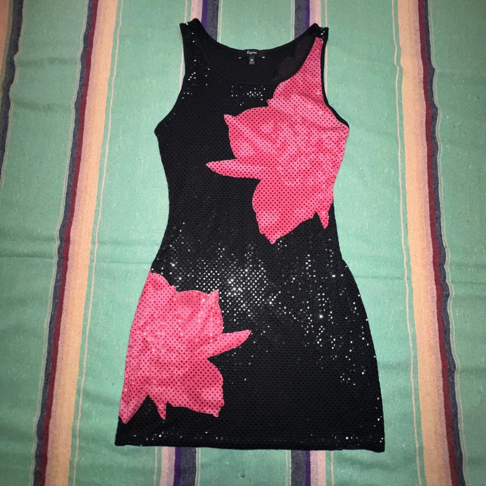 Express Sequin Mini Dress Womens XS Black Pink Floral Sleeveless Bodycon Scoop